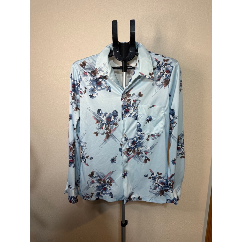 Vintage Triumph of California Mens Floral Disco Shirt Blue Long Sleeve Medium